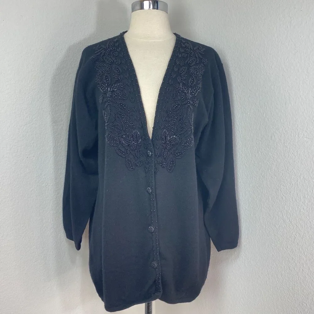 Vintage Karen Kane Black Merino Wool Beaded Cardigan Sweater Med Button Front